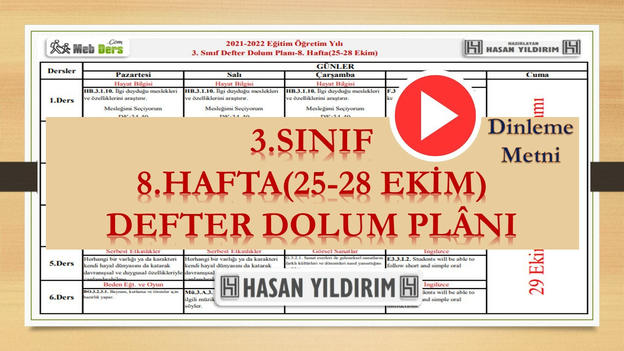 3.Sınıf 8.Hafta(25-28 Ekim) Defter Dolum Planı