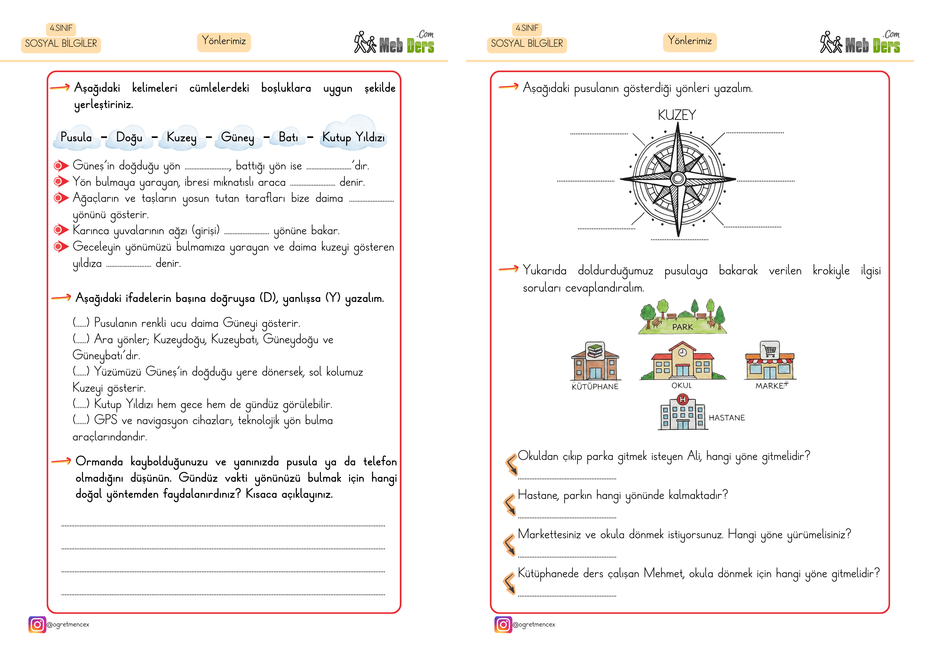 4. Sınıf Sosyal Bilgiler Yönlerimiz Çalışma Sayfası (2 Sayfa)