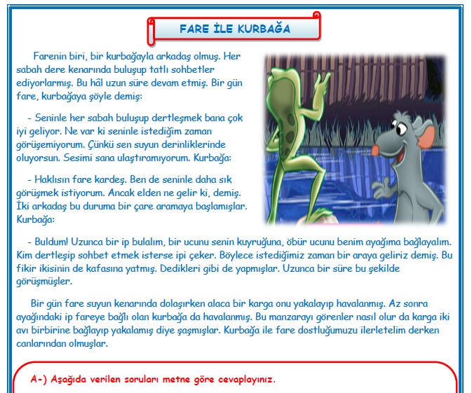 2.Sınıf Türkçe Fare ile Kurbağa Okuma Anlama Metin Çalışması