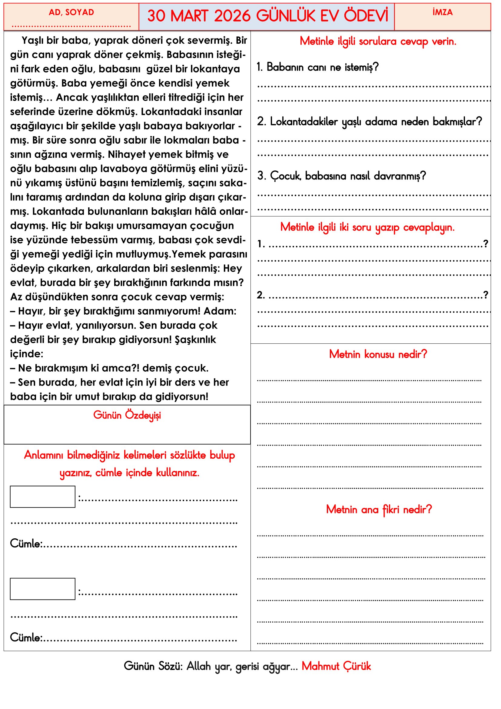 3.Sınıf - 30 Mart 2026 Günlük Ev Ödevleri