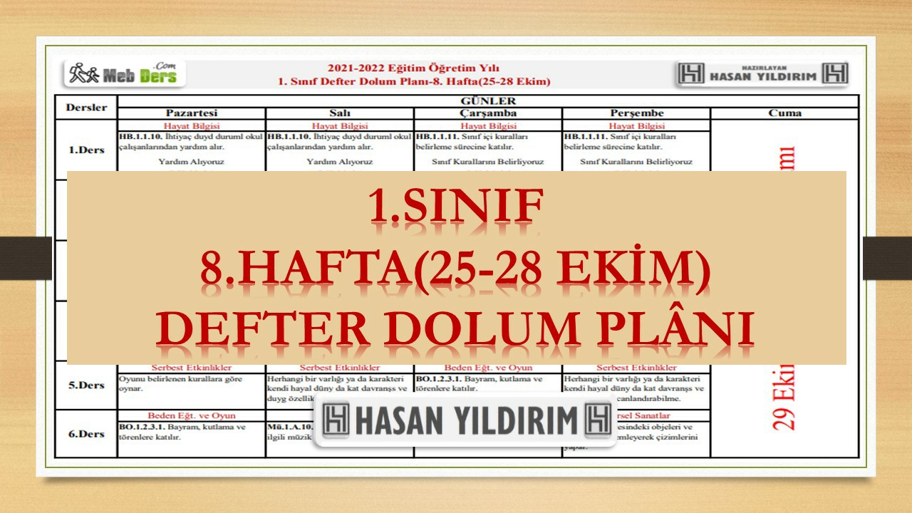 1.Sınıf 8.Hafta(25-28 Ekim) Defter Dolum Planı