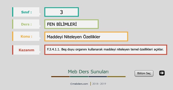 3.Sınıf Fen Bilimleri Maddeyi Niteleyen Özellikler Sunusu