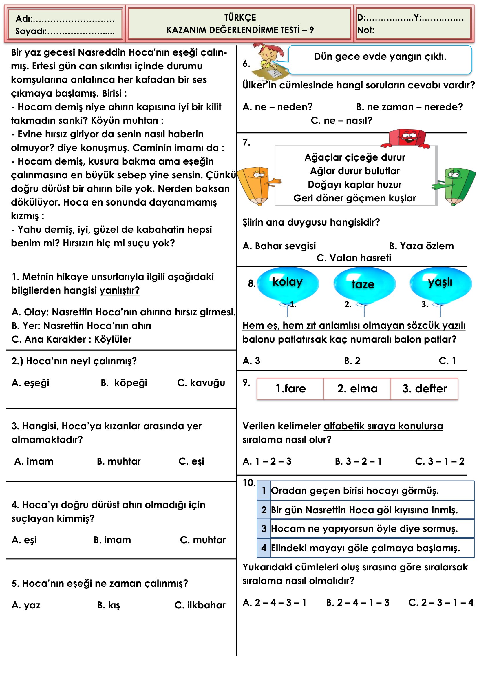 2.Sınıf Türkçe Seviye Belirleme Testi-9