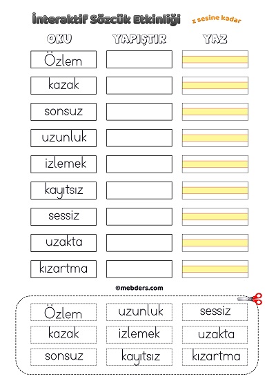 İnteraktif Sözcük Etkinliği - Z Sesine Kadar