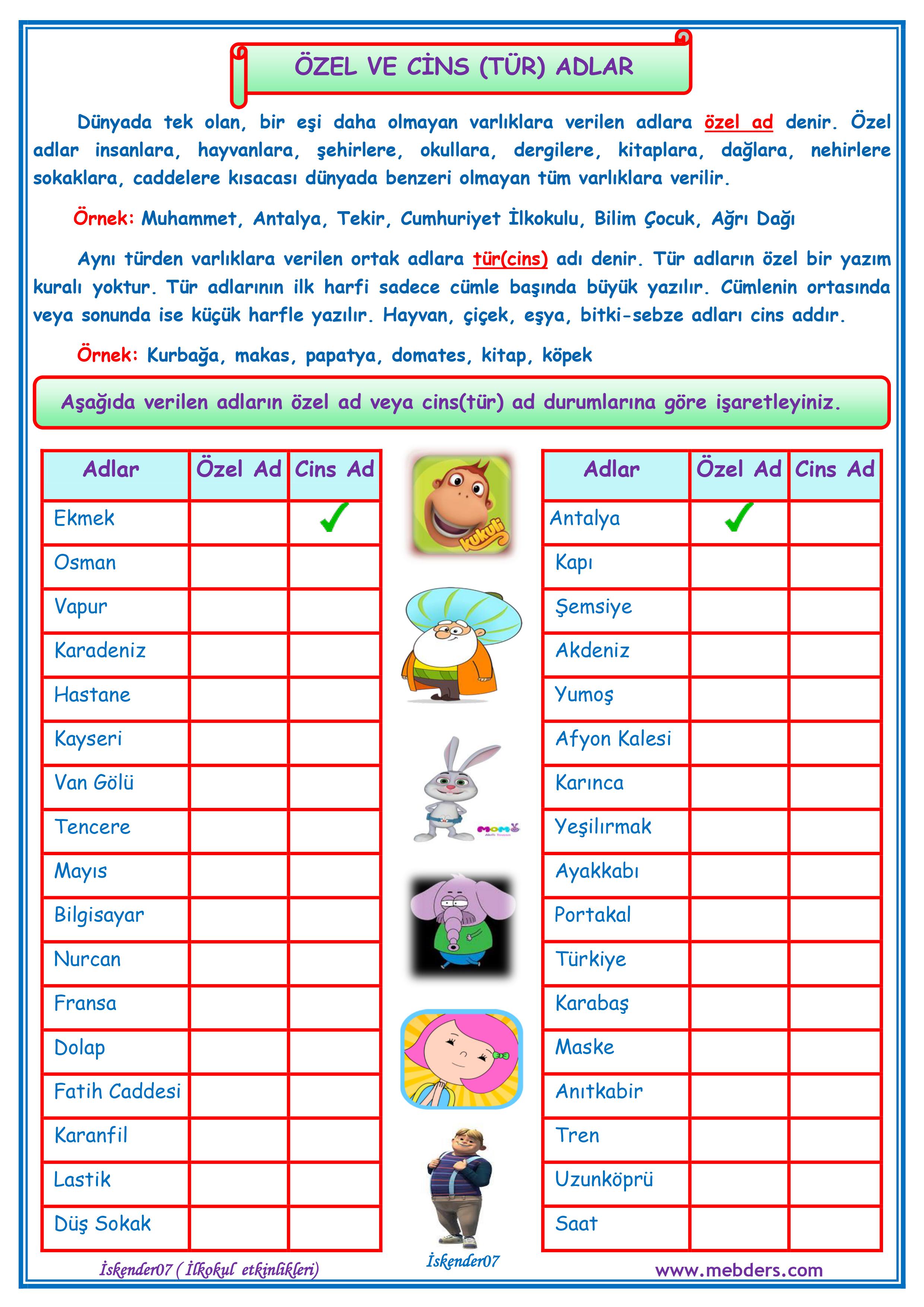 1.Sınıf Türkçe Özel ve Cins (Tür) Adlar  1