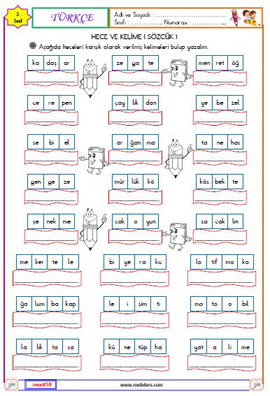 3. Sınıf Türkçe Hece ve Kelime Etkinliği 2
