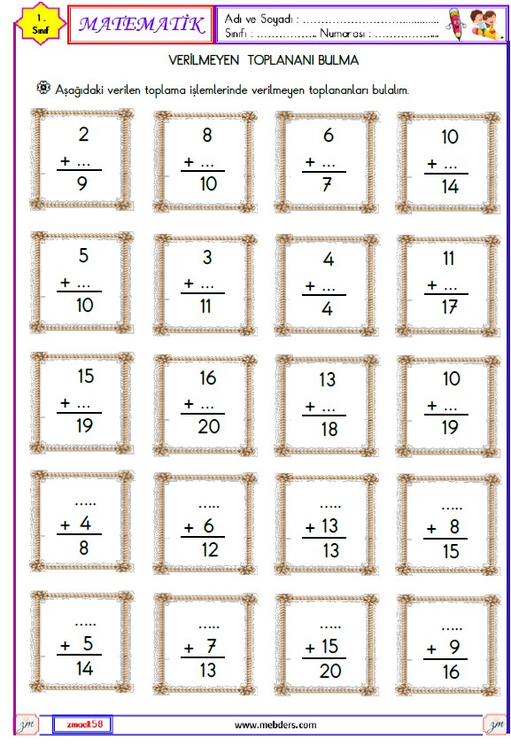 1. Sınıf Matematik Verilmeyen Toplananı Bulma Etkinliği Etkinliği 4