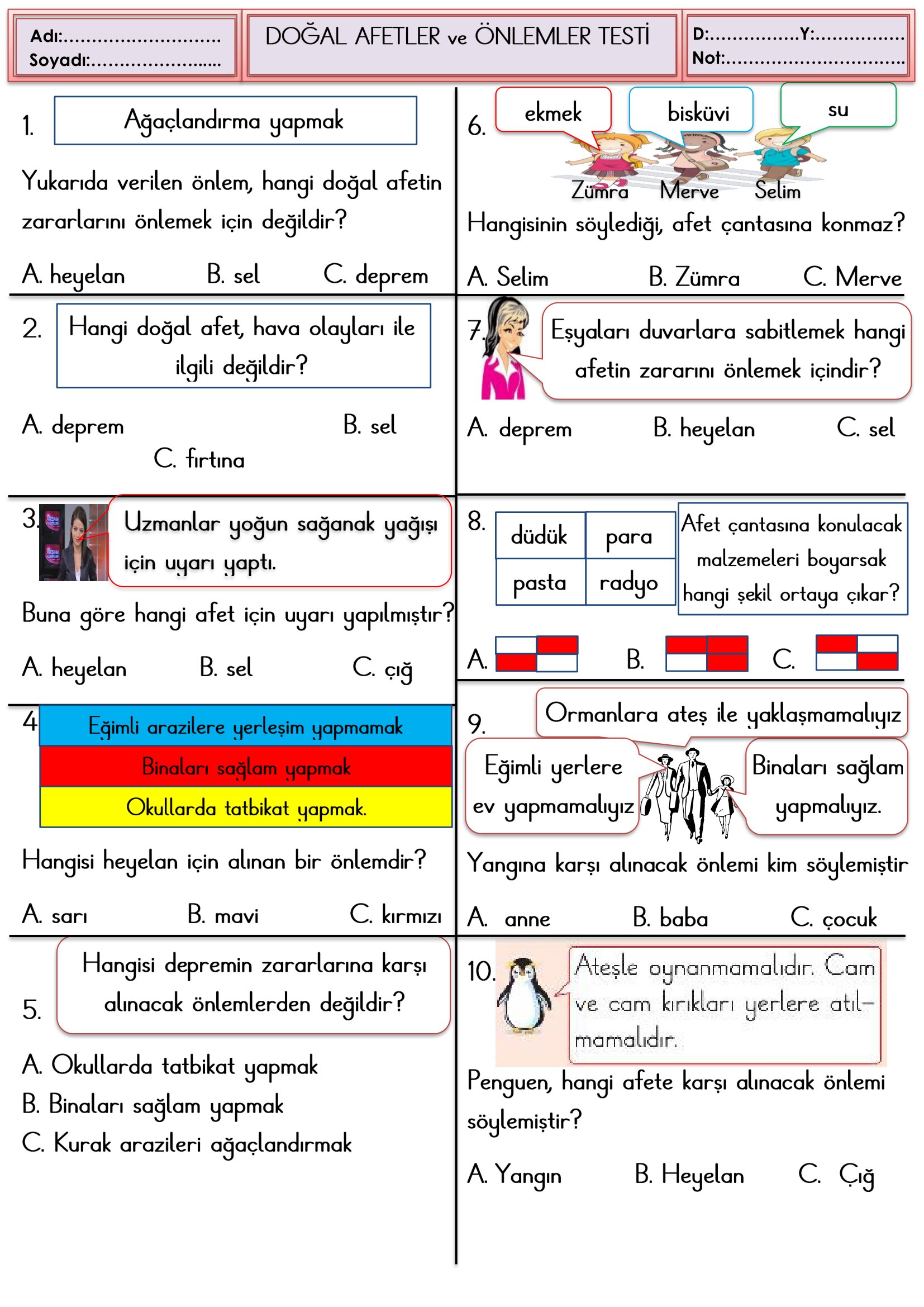 2.Sınıf Hayat Bilgisi  Doğal Afetler ve Önlemler Testi