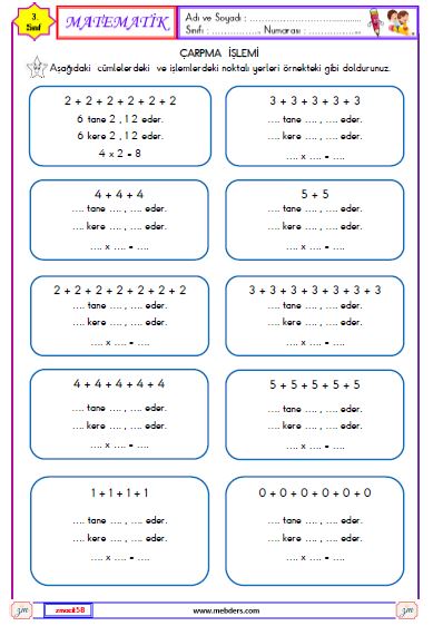 3. Sınıf Matematik Çarpma İşlemi  Etkinliği 2