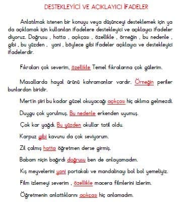 3. Sınıf Türkçe Destekleyici ve Açıklayıcı  İfadeler Konu Özeti