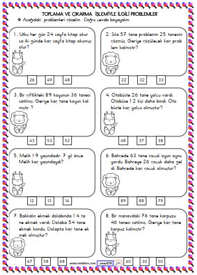 1. Sınıf Matematik Toplama ve Çıkarma İşlemi Problemleri Etkinliği 8