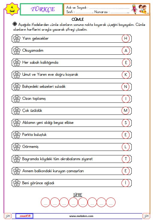 4. Sınıf Türkçe Cümle Bilgisi Etkinliği