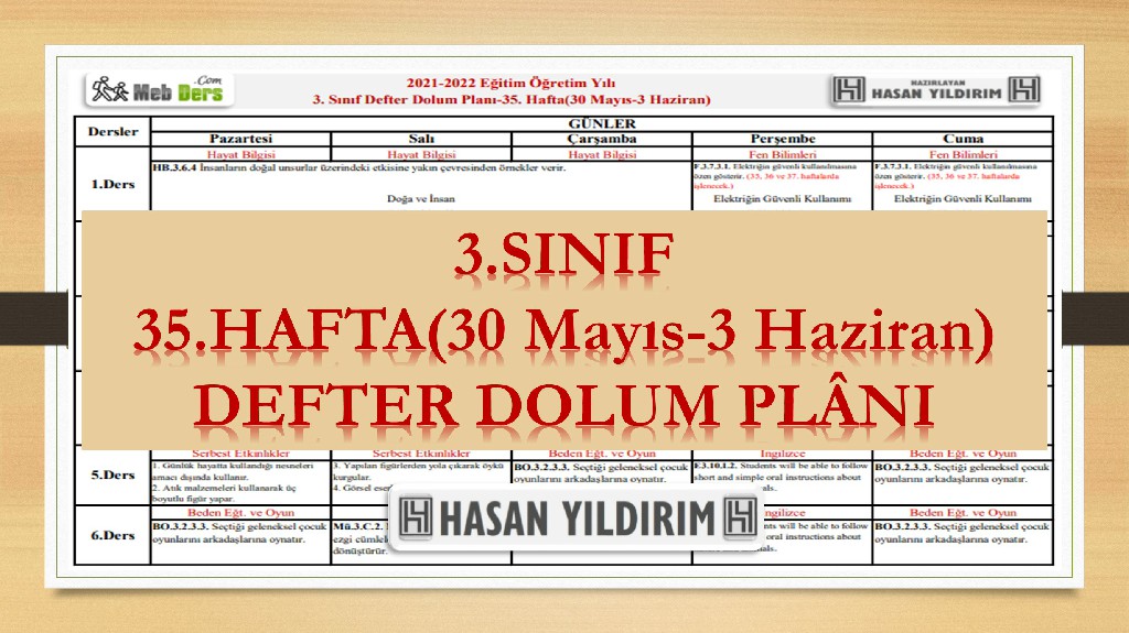 3.Sınıf 35.Hafta(30 Mayıs-3 Haziran) Defter Dolum Planı