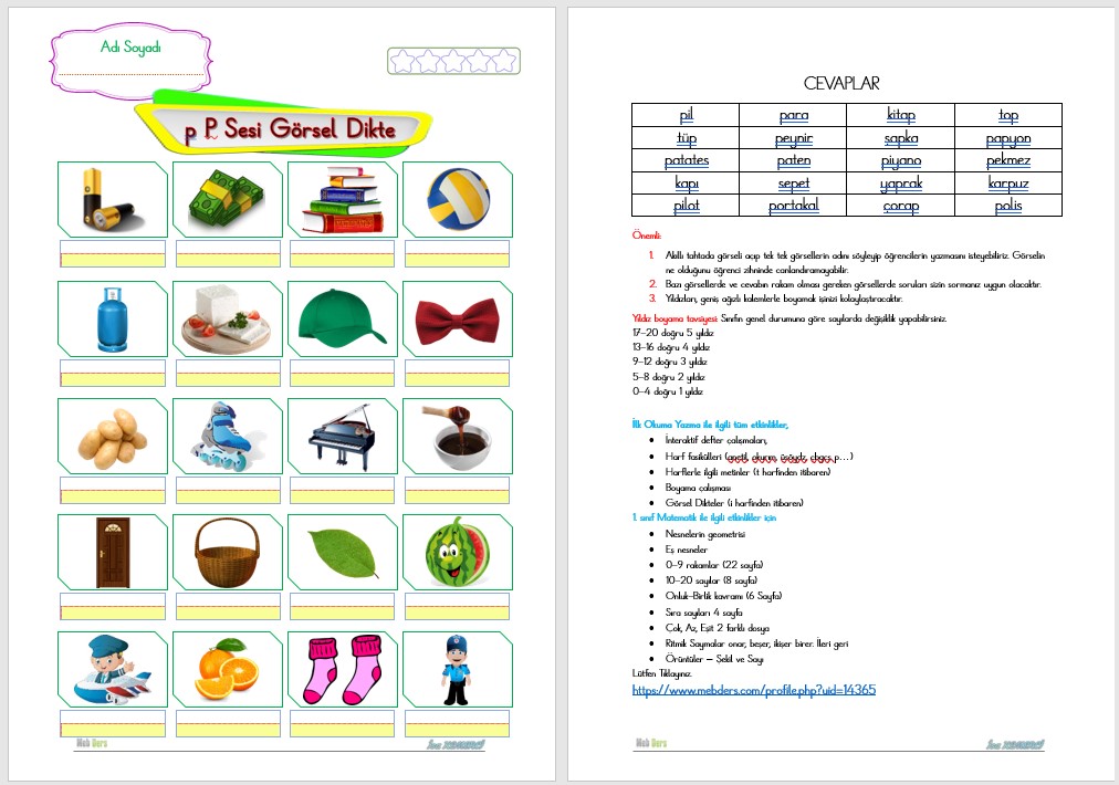 1. Sınıf İlk Okuma Yazma P Sesi GÖRSEL DİKTE