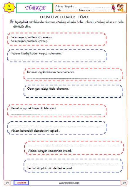 3. Sınıf Türkçe Olumlu ve Olumsuz Cümle Etkinliği 5