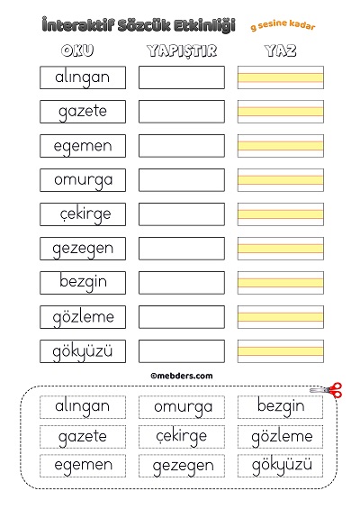 İnteraktif Sözcük Etkinliği - G Sesine Kadar