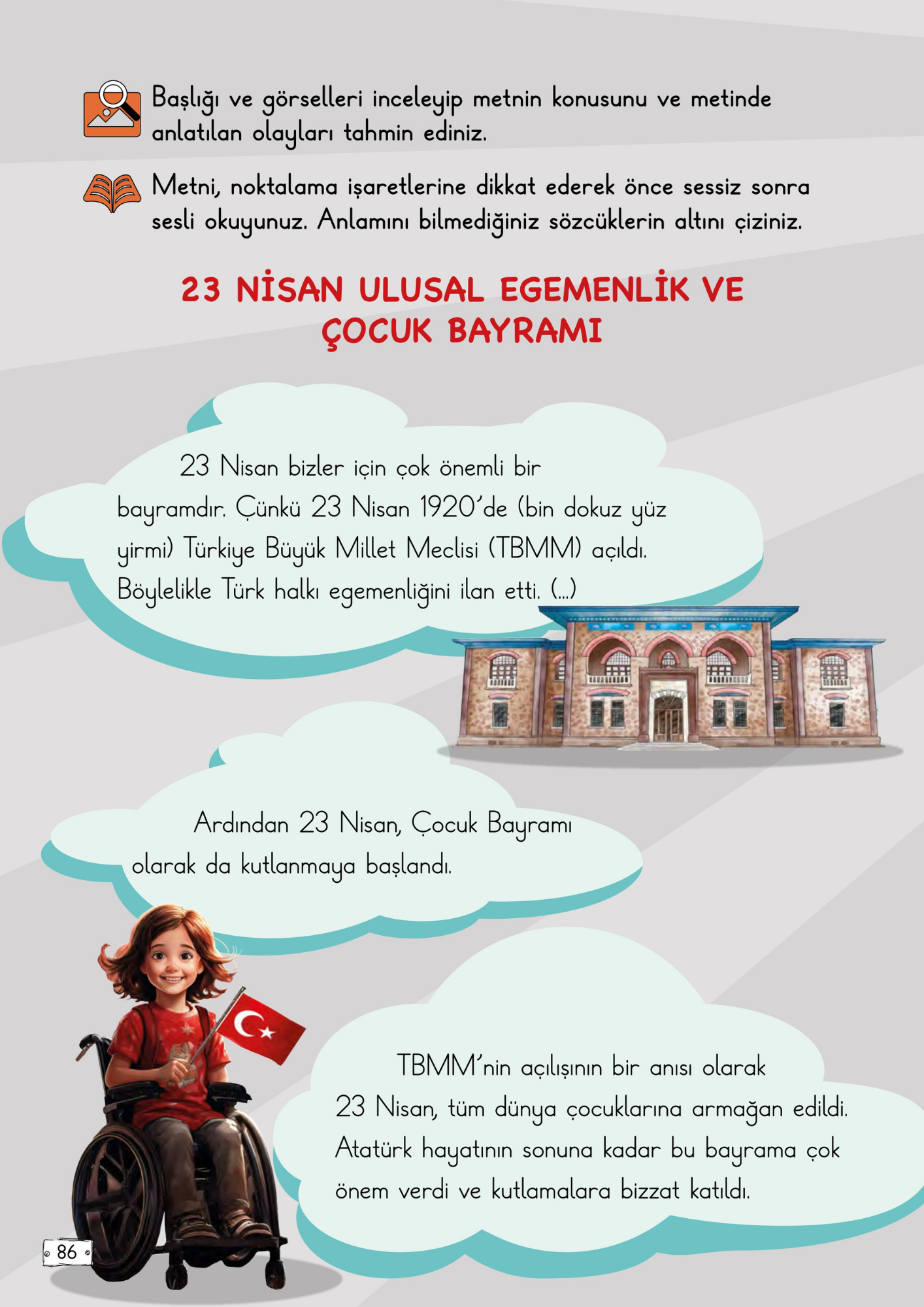 2. Sınıf Türkçe Meb Yayınları 23 Nisan Ulusal Egemenlik ve Çocuk Bayramı Metni Etkinlik Cevapları