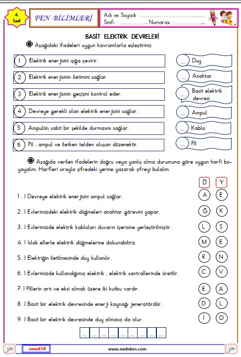 4. Sınıf Fen Bilimleri Basit Elektrik Devreleri Etkinliği 9