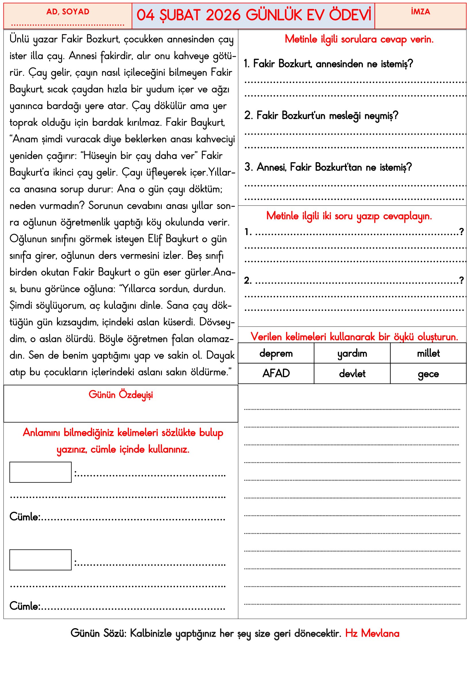 3.Sınıf - 04 Şubat 2026 Günlük Ev Ödevleri