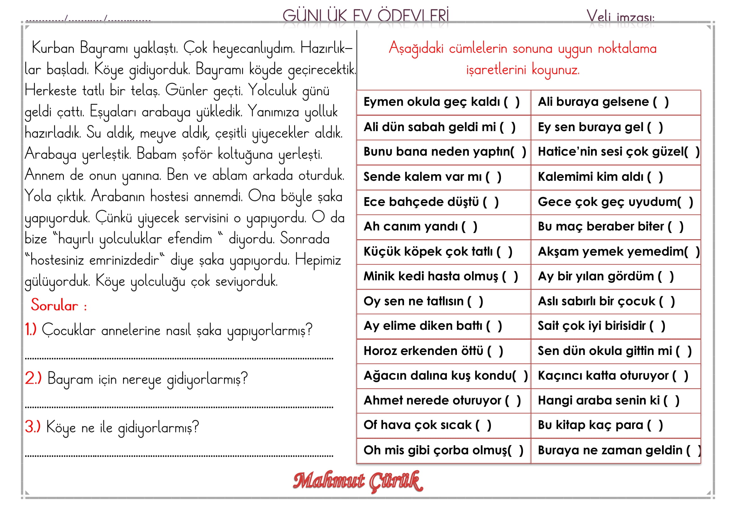 1.Sınıf 12 Mayıs 2025 Günlük Ev Ödevi