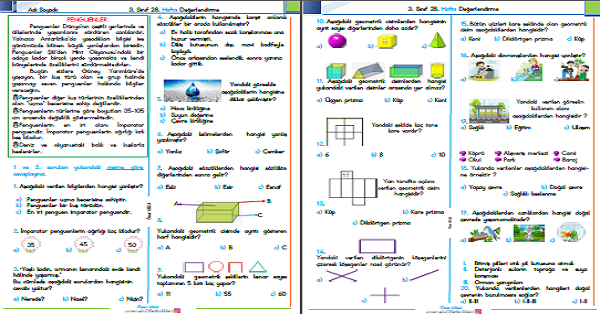 3. Sınıf Haftalık Kazanım Değerlendirme Testi 28. Hafta (13-17Nisan)