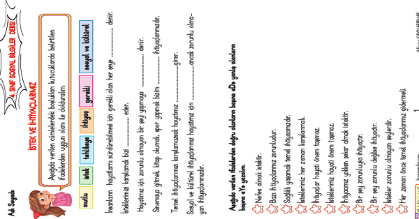 4. Sınıf Sosyal Bilgiler İstek ve İhtiyaçlarımız Etkinlik Çalışması