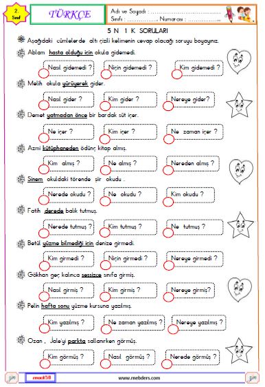 2. Sınıf Türkçe 5 N 1 K Soruları Etkinliği