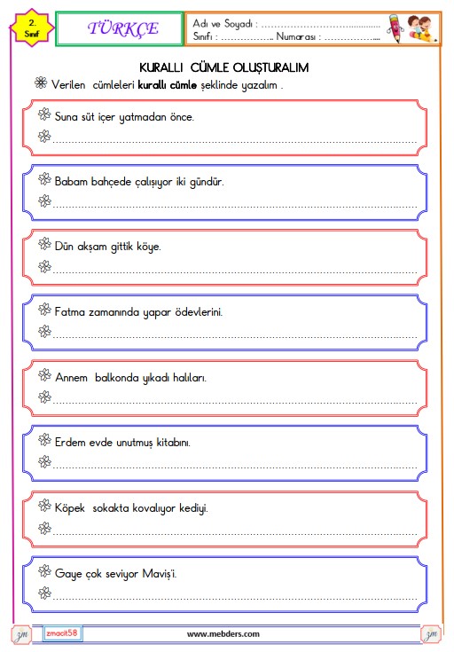 2. Sınıf Türkçe Kurallı Cümle Oluşturma Etkinliği