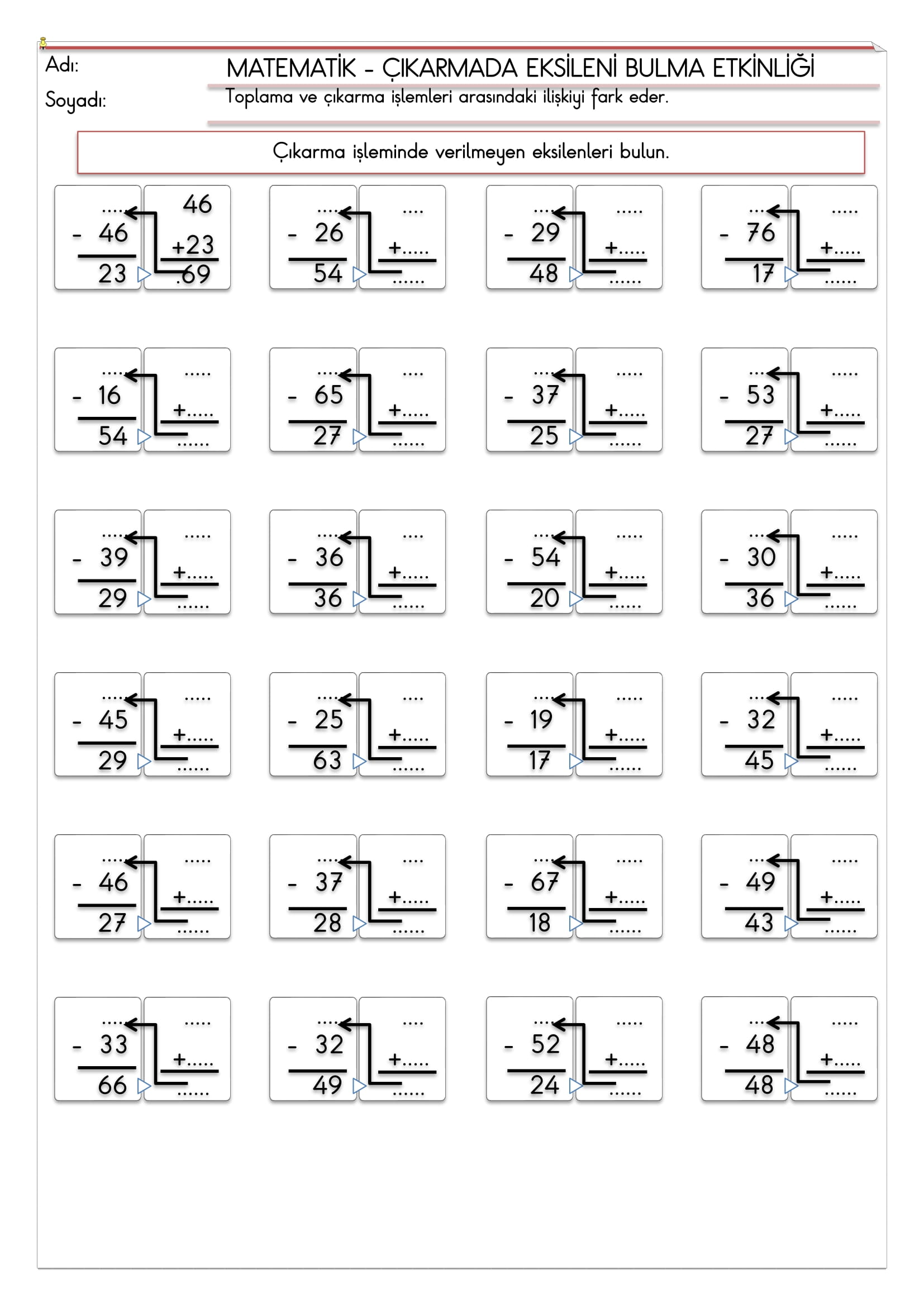 2.Sınıf - Matematik - Çıkarmada Eksileni Bulma Etkinliği-1