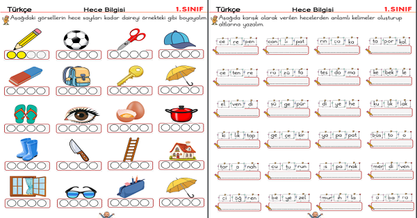 1. Sınıf Türkçe Hece Bilgisi Çalışma Etkinlikleri (6 Sayfa)