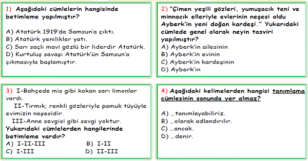 4.Sınıf Türkçe Betimleme İfadeleri Test