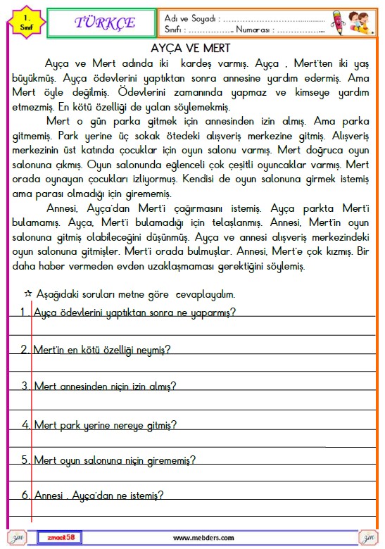 1. Sınıf Türkçe Okuma ve Anlama Metni Etkinliği (Ayça ve Mert)