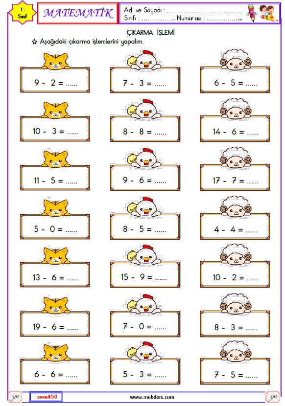 1. Sınıf Matematik Çıkarma İşlemi Etkinliği 14