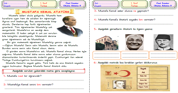 1.Sınıf Türkçe Özel İsimler-Okuma Metni (Atatürk)