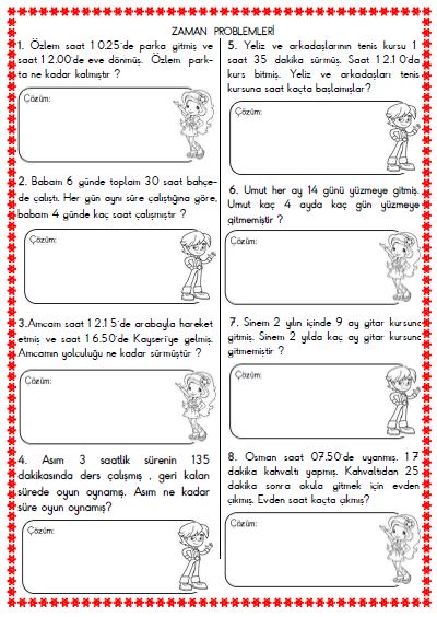 3. Sınıf Matematik Zaman Problemleri Etkinliği 3