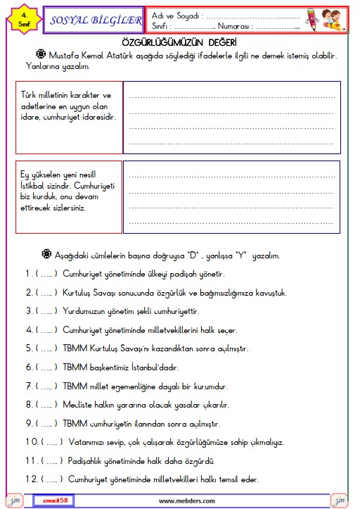 4. Sınıf Sosyal Bilgiler Özgürlüğümüzün Değeri Etkinliği