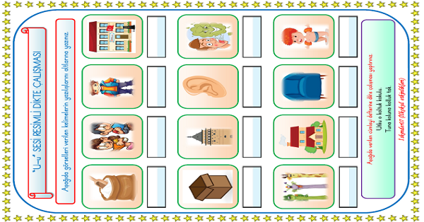 1. Sınıf İlk Okuma Yazma U Sesi Resimli Dikte Çalışması