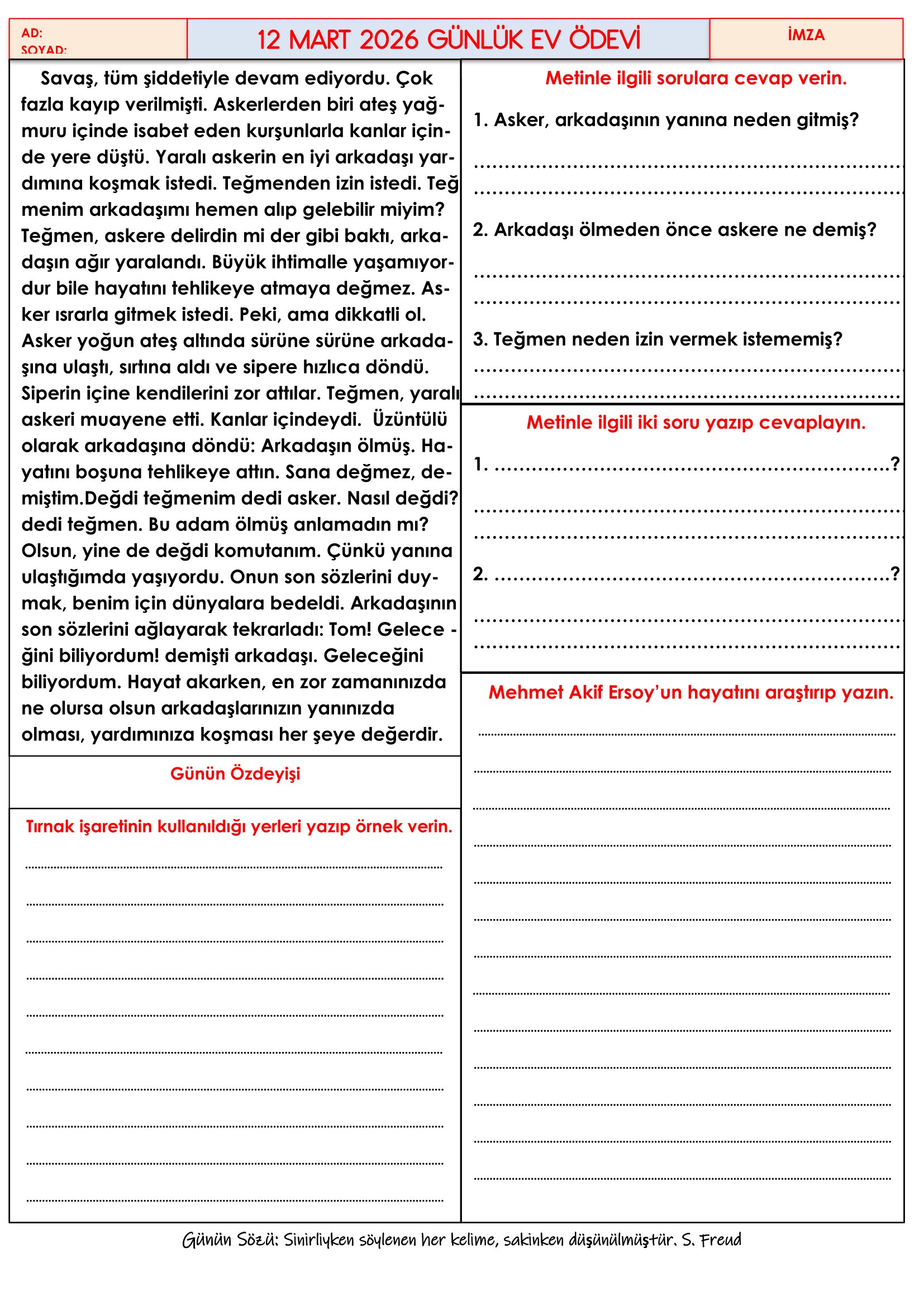 4.Sınıf - 12 Mart 2026 Günlük Ev Ödevleri