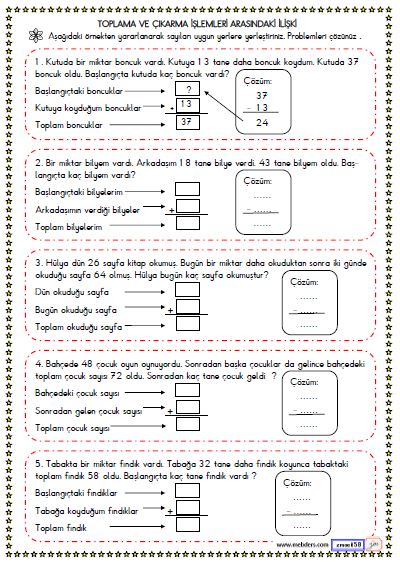 2. Sınıf Matematik Toplama ve Çıkarma  İşlemleri Arasındaki İlişki Etkinliği 1