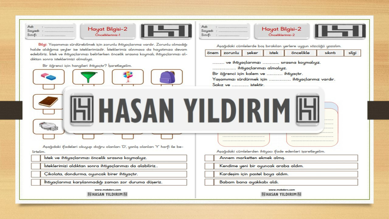 2.Sınıf Hayat Bilgisi Önceliklerimiz Çalışma Sayfaları