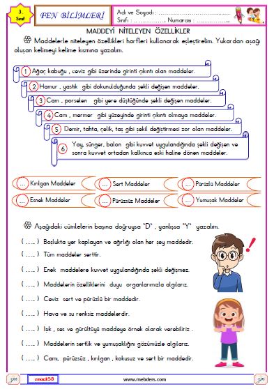 3. Sınıf Fen Bilimleri Maddeyi Niteleyen Özellikler Etkinliği 4