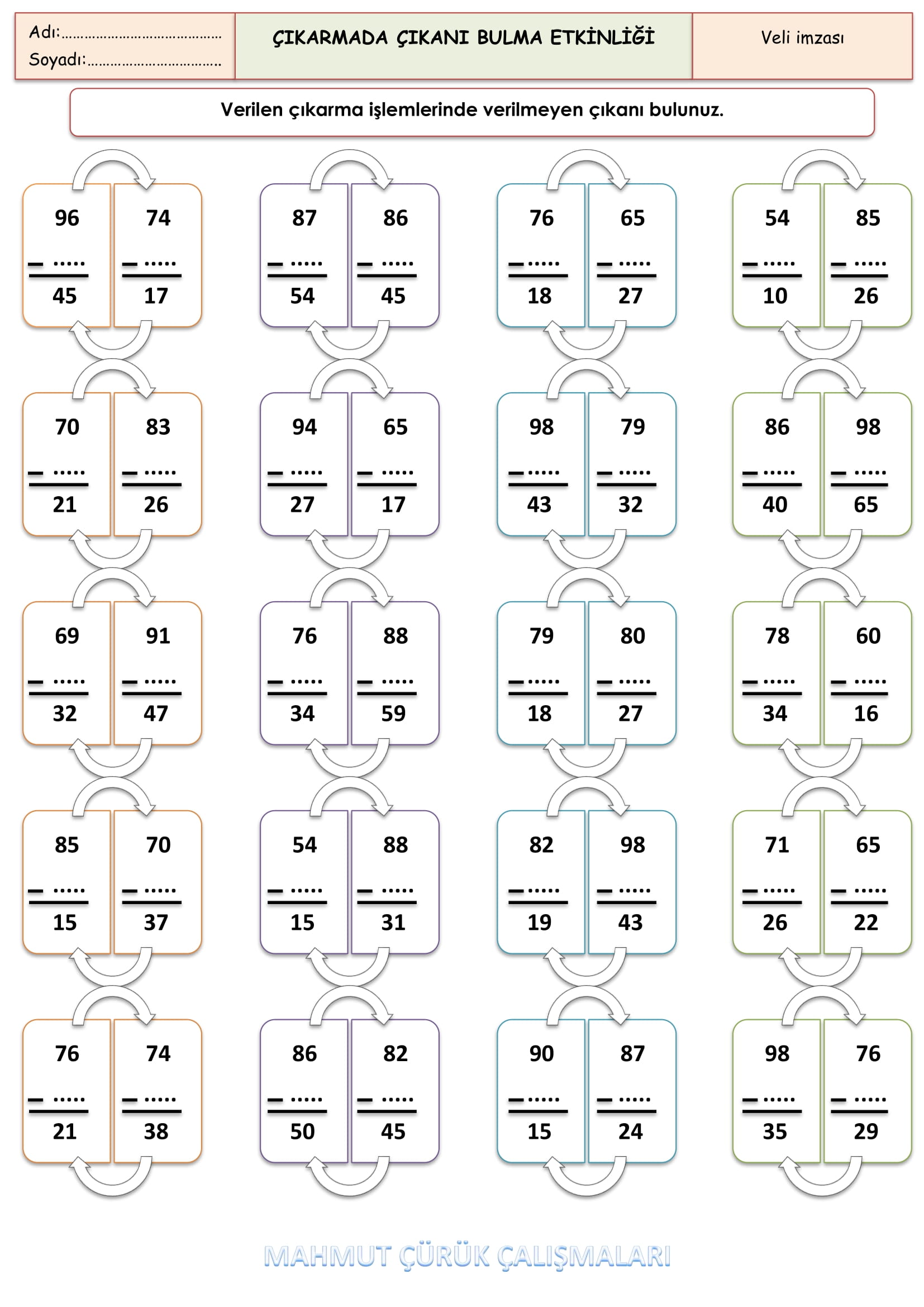 2.Sınıf - Matematik - Çıkarmada Çıkanı Bulma Etkinliği-2