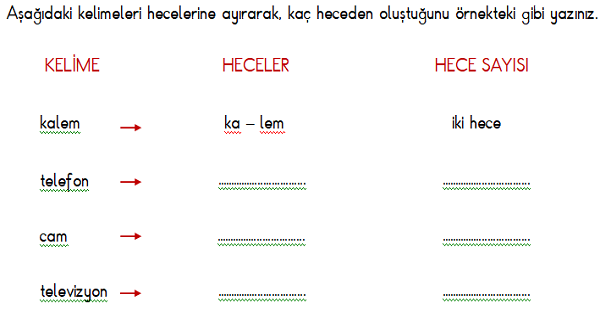 1.Sınıf Türkçe Hece ve Kelime Çalışma Etkinliği 4