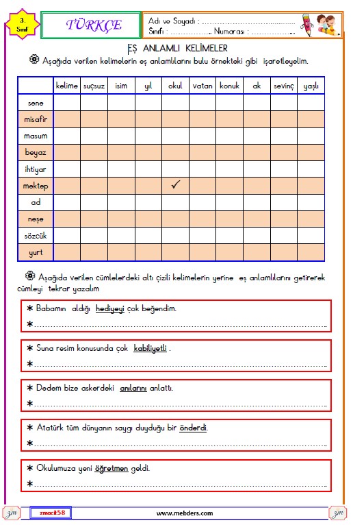 3. Sınıf Türkçe Eş Anlamlı Kelimeler Etkinliği 1