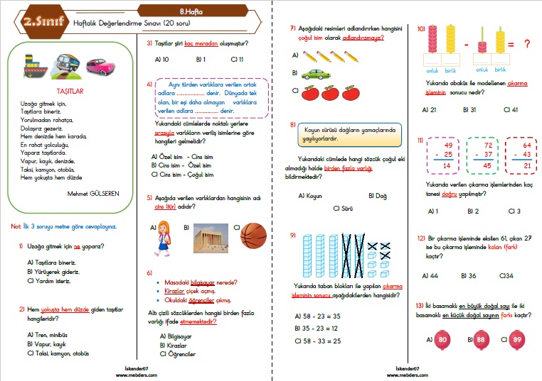 2.Sınıf Haftalık Değerlendirme Testi - 8.Hafta (25-28 Ekim)