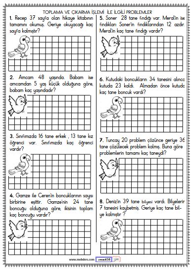 1. Sınıf Matematik Toplama ve Çıkarma İşlemi Problemleri Etkinliği 3