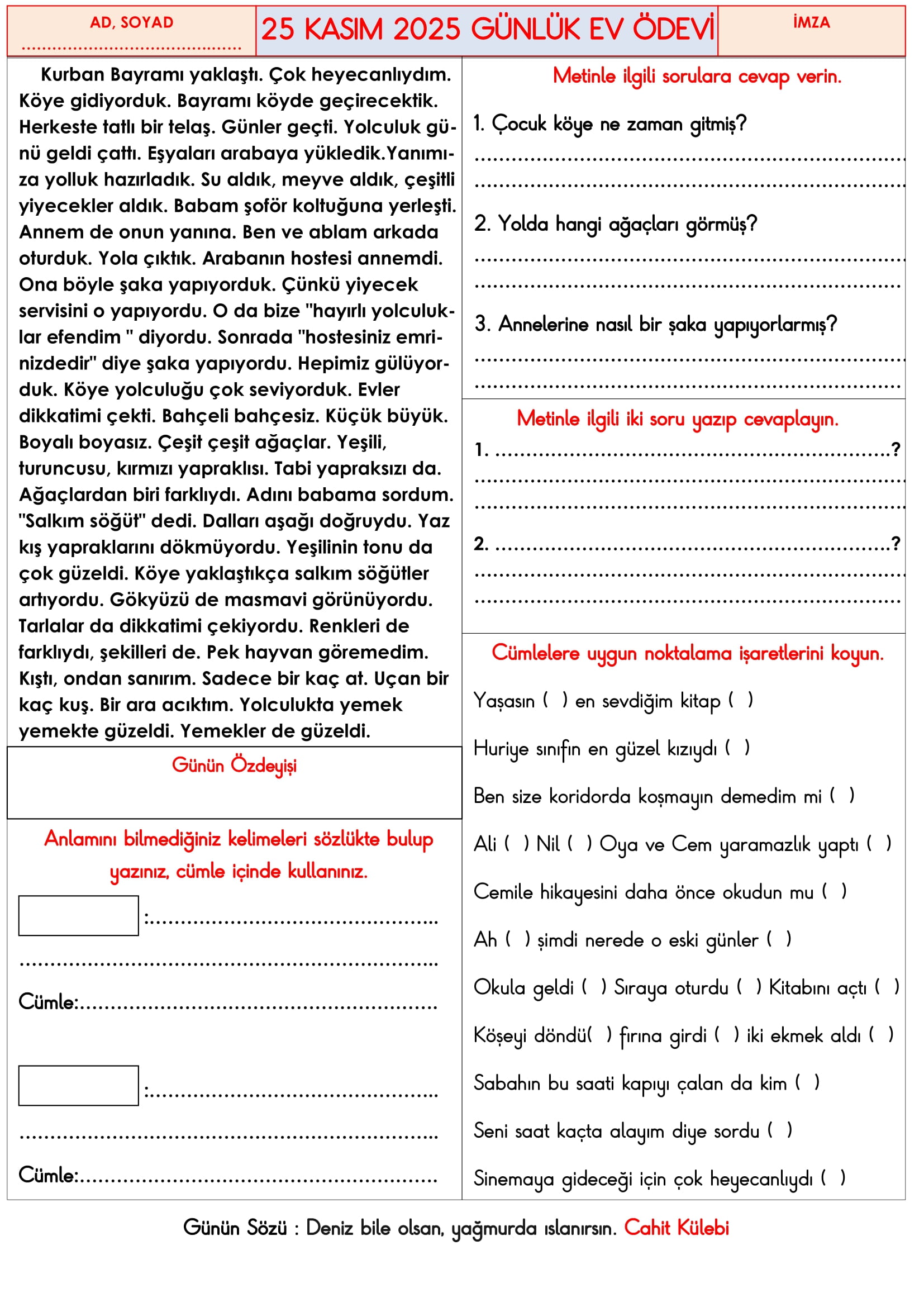 3.Sınıf - 25 Kasım 2025 Günlük Ev Ödevleri
