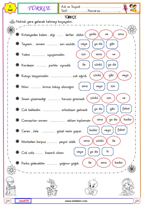 2. Sınıf Türkçe Tek Başına Anlamı Olmayan Kelimeler Etkinliği 5