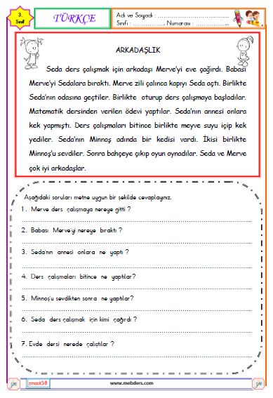 3. Sınıf Türkçe Okuma ve Anlama Metni Etkinliği ( Arkadaşlık )
