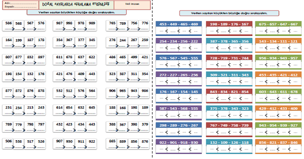 3.Sınıf Matematik - Doğal Sayılarda Sıralama Etkinliği